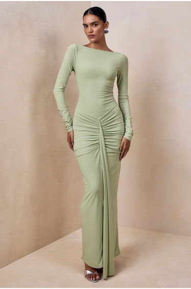 Matilda | Light Green Boat-Neck Maxi Dress With Ruched Detailing