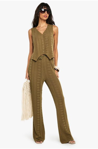 Mix and Match Crochet Textured Patterned Trouser - khaki