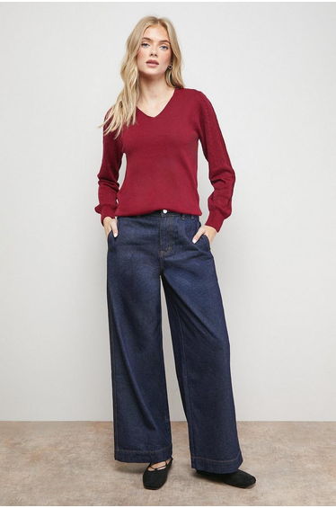 V Neck Scallop Detail Bow Pointelle Jumper