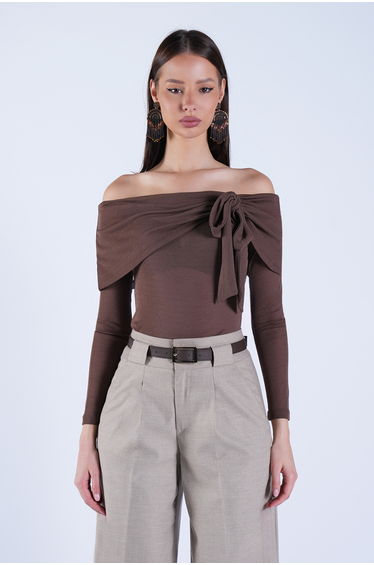 Women's Brown Carmen Collar Tie Detailed Transparent Blouse