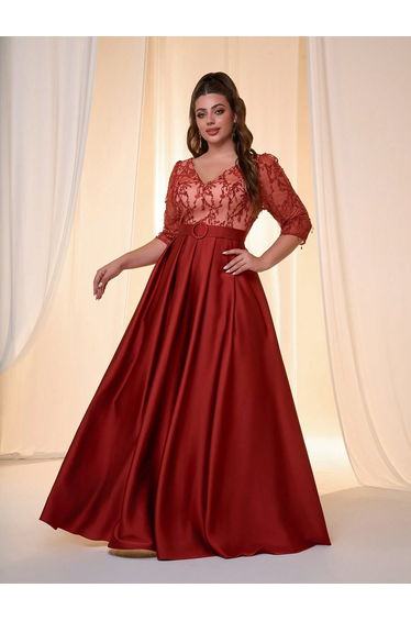 Leely Plus Women's Elegant Lace & Satin A-Line Evening Gown