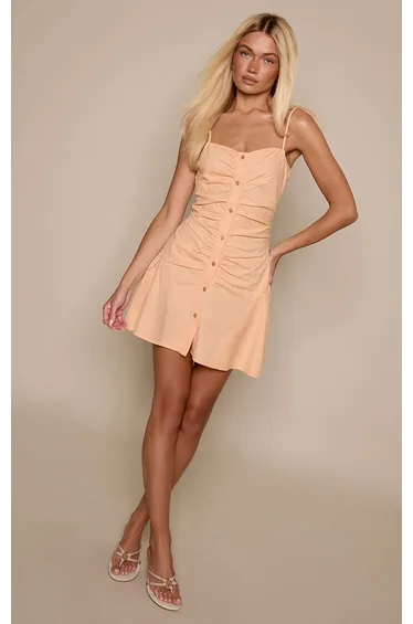 Peach Strappy Ruched Button Down Shift Dress