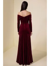 Velvet Solid Off-Shoulder Maxi Dress - 1