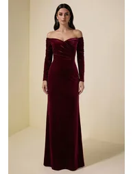 Velvet Solid Off-Shoulder Maxi Dress