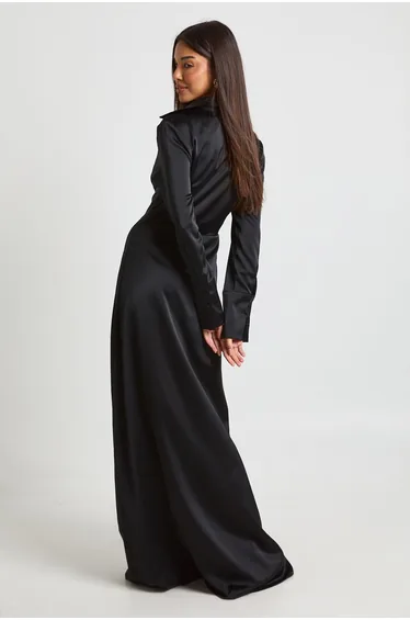 Satin Drape Waist Long Sleeve Maxi Shirt Dress - black