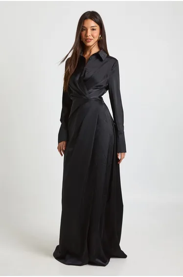 Satin Drape Waist Long Sleeve Maxi Shirt Dress - black