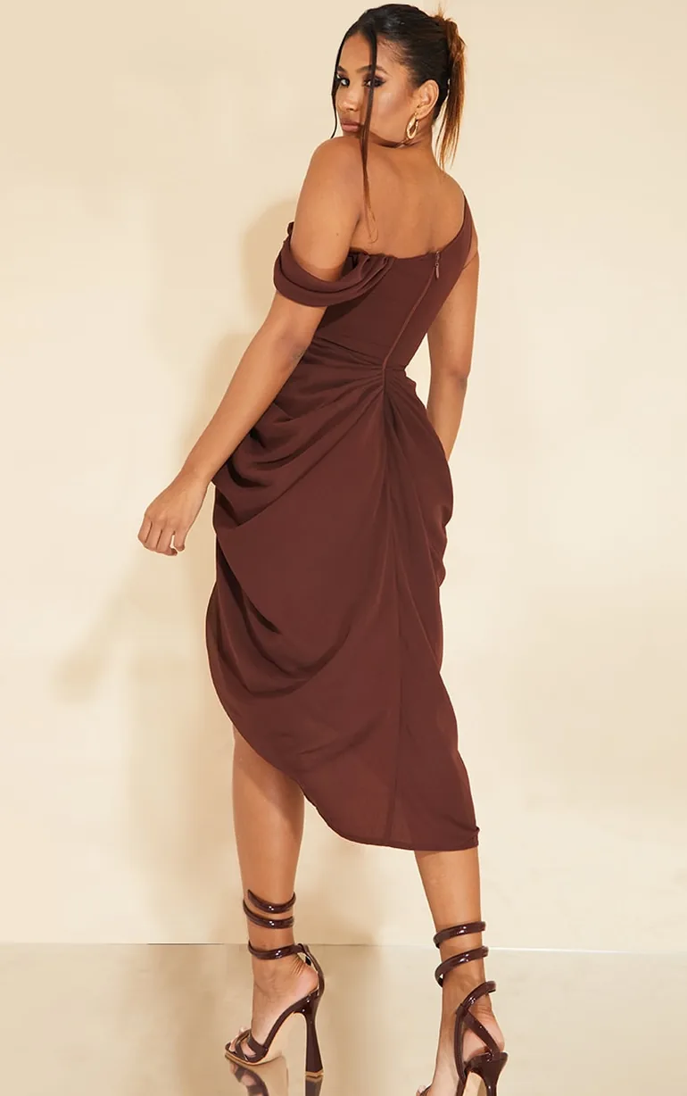 chocolate chiffon asymmetric strap draped midi dress Shop Chocolate Chiffon Asymmetric Strap Draped Midi Dress Online in Oman