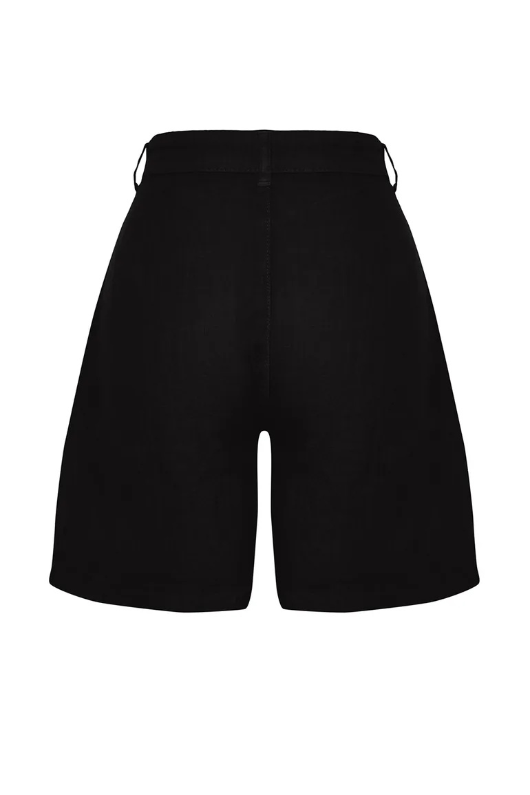 Black 100% Linen Pleated High Waist Shorts & Bermuda - 7