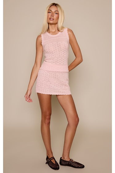 Pink Brushed Pointelle Knit Mini Skirt