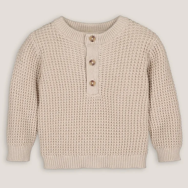 Cotton Grandad Collar Jumper/Sweater in Fine Detailed Knit - 1