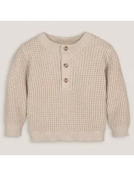 Cotton Grandad Collar Jumper/Sweater in Fine Detailed Knit - 1
