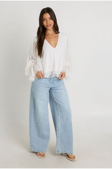 Lace Trim V Neck Balloon Sleeve Blouse - white
