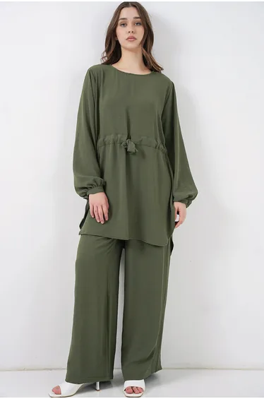 BDART Crew Neck Tie Detail Tunic and Wide Leg Pants Set