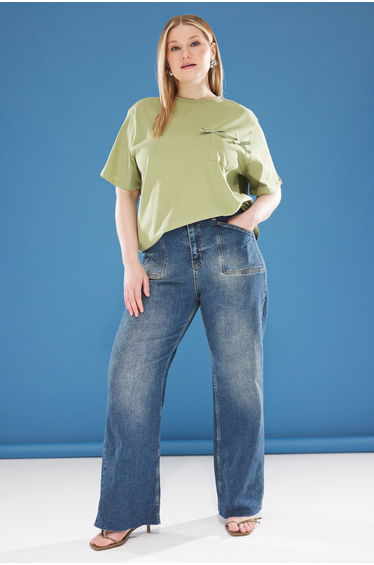 Khaki Loose Fit Pocket Bow Detail Plus Size T-shirt