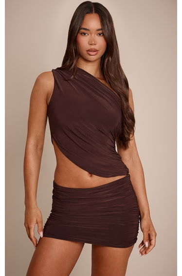 Dark Brown Slinky Asymmetric Ruched Top