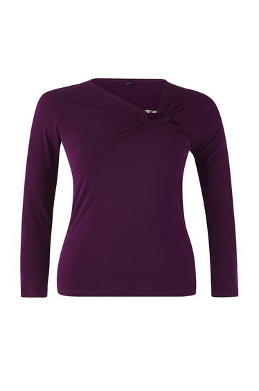 Purple Asymmetrical Collar Accessory Detailed Knitted Plus Size Blouse