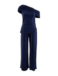Navy Blue Fitted/Asymmetrical Collar Gathered Modal Fabric Knitted Bottom - Top Set - 4