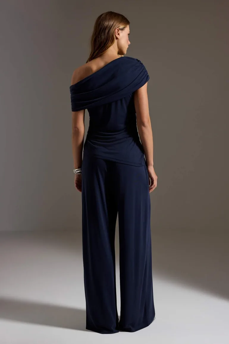 Navy Blue Fitted/Asymmetrical Collar Gathered Modal Fabric Knitted Bottom - Top Set - 2