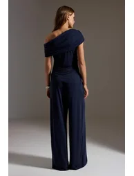 Navy Blue Fitted/Asymmetrical Collar Gathered Modal Fabric Knitted Bottom - Top Set - 2