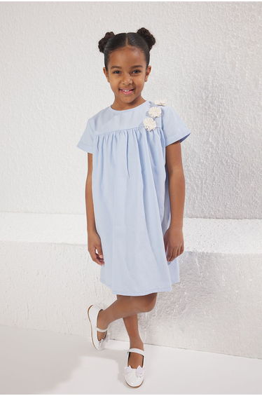 Light Blue Girl 100% Cotton Mini Floral Short Sleeve Holiday Woven Dress