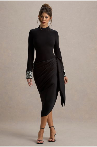Luanna | Black Satin Long-Sleeve Midi Dress With Draped Skirt