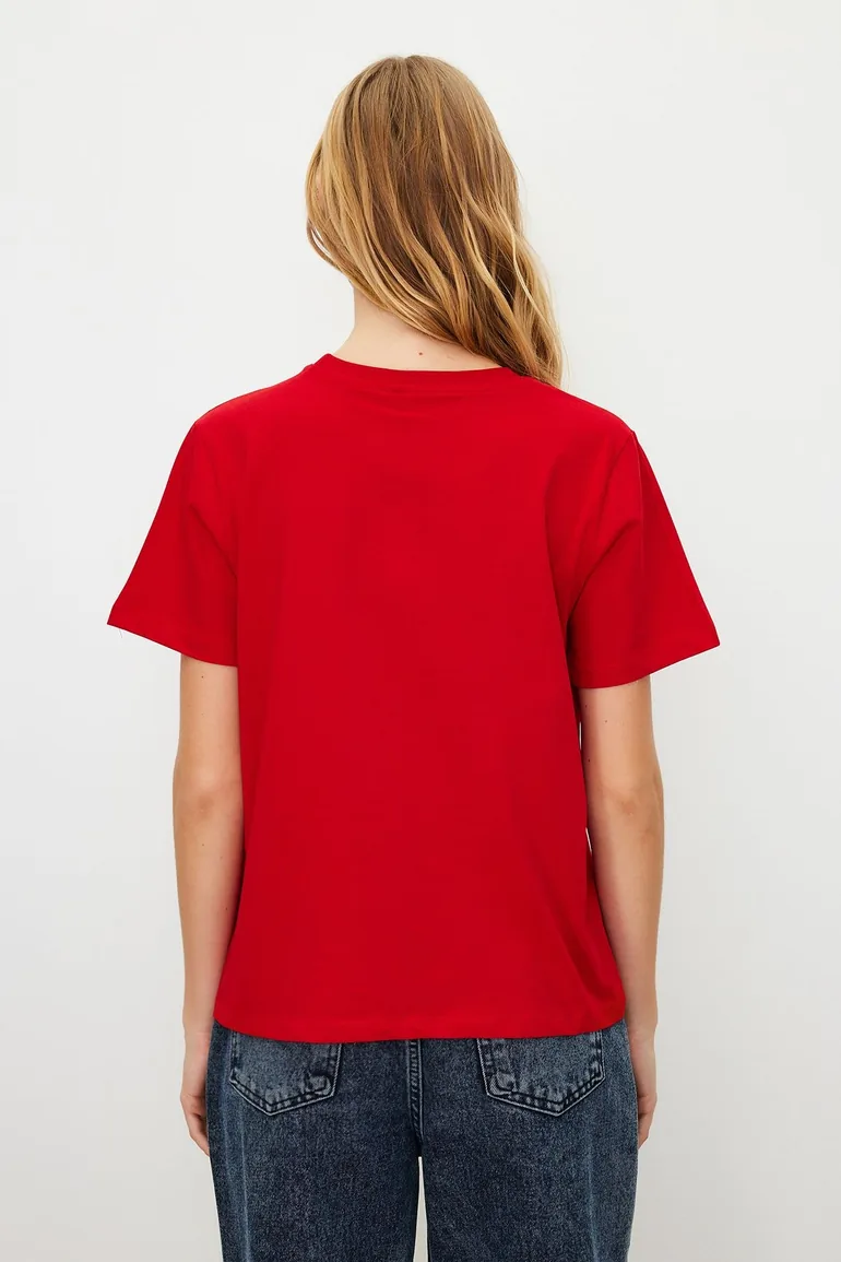 Red 100% Cotton Basic Crew Neck Knitted T-Shirt - 4