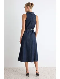 Dark Blue Halter Neck Sleeveless Midi Denim Dress - 3