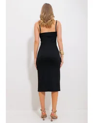 Women's Black Rope Strap Asymmetric Collar Slit Dress - 3