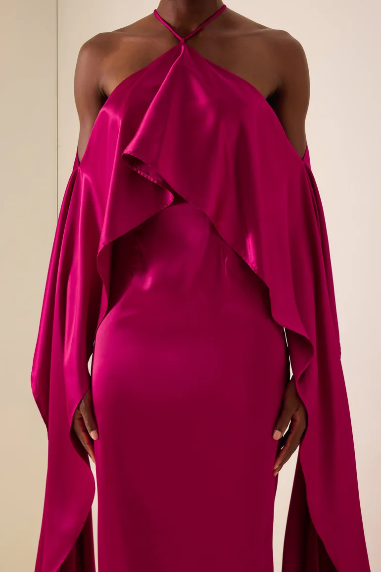 Satin Ruffle Halter Neck Maxi Dress - 6