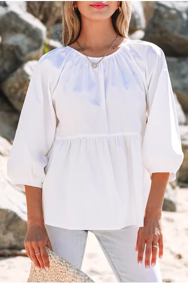 Lvness White Bow Knot Cutout Back Loose Fit 3/4 Sleeve Blouse