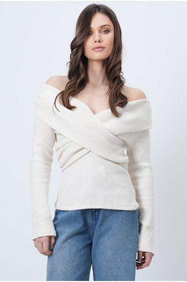 Women's Cream Madonna Collar Cross Detailed Knitted Blouse