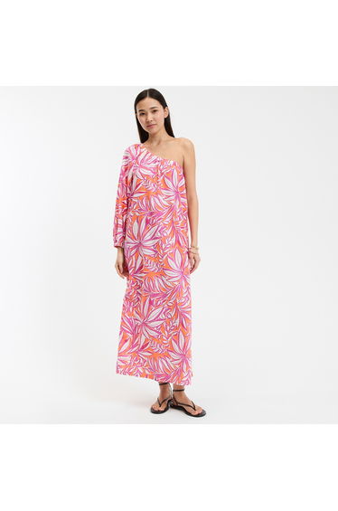 Printed Asymmetric Maxi Dress with Long Sleeves