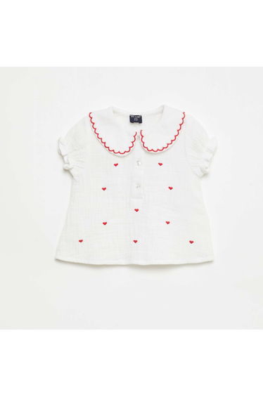 Peter Pan Collar Blouse with 'Heart' Embroidery WHITE