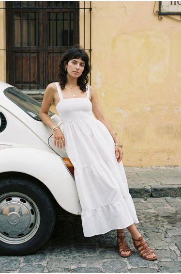 White Straight A-Line Gimped Square Neck MaxiWoven Dress