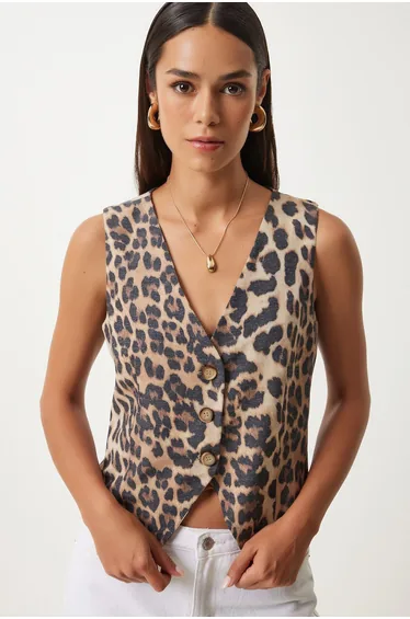 Women's Black Beige Leopard Patterned V-Neck Woven Waistcoat