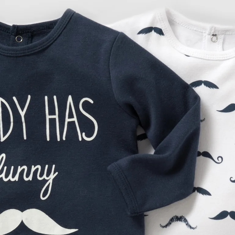 Pack of 3 Cotton Striped/Moustache/Slogan Print Sleepsuits, Birth-3 Yrs - 1
