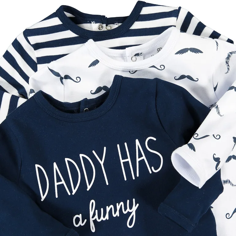 Pack of 3 Cotton Striped/Moustache/Slogan Print Sleepsuits, Birth-3 Yrs - 7