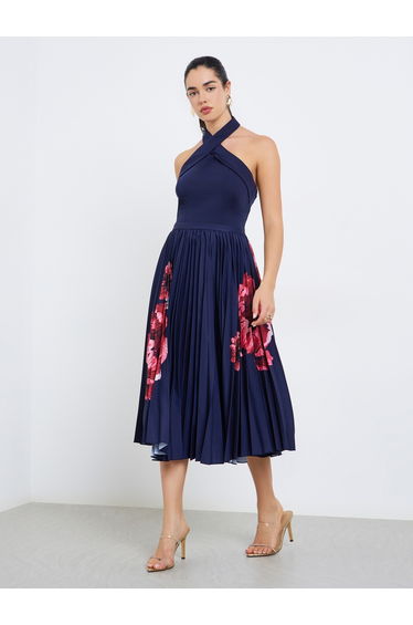 Women Navy Blue Floral Print A-Line Midi Dress