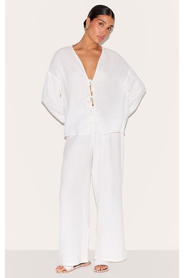 Petite White Cheesecloth Textured Wide Leg Trouser