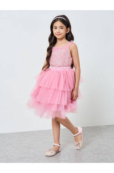 Girls Pink Sequin Top and Tiered Tulle Skirt Set