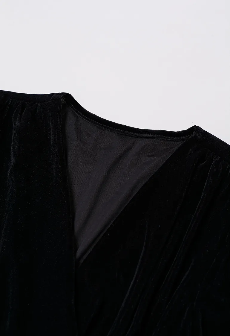 Ruched Faux Wrap Puff Shoulder Velvet Top in Black - 2