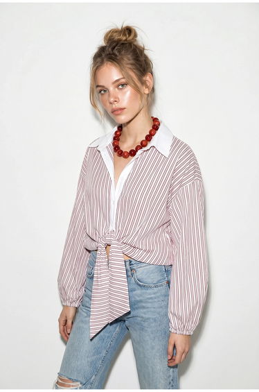 LUCCI Oversized Striped Poplin Shirt With Tie Detail