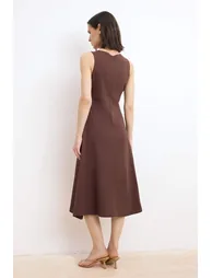 Brown 100% Cotton Skater/Slit Waist Crew Neck Sleeveless Midi Knitted Dress - 3