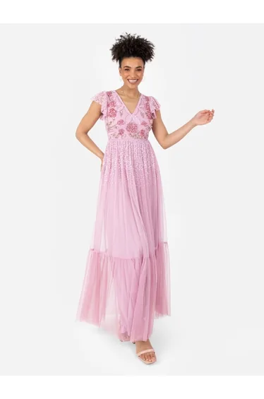 Maya Pink Rose Embellished Flutter Sleeve Maxi Dress