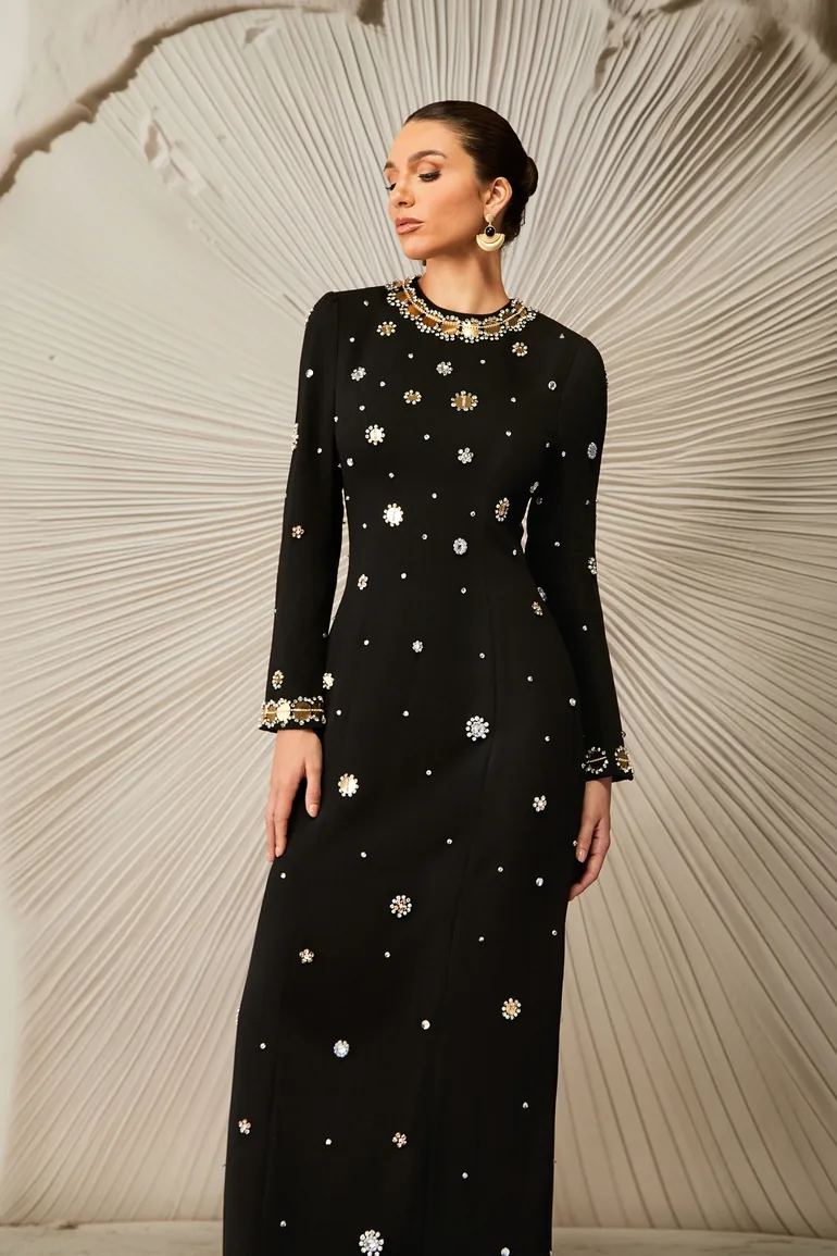 embellished long sleeve maxi dress Crystal Embellished Long Sleeve Maxi Dress in Beige