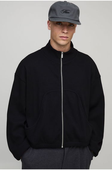 Oversized Boxy Rib Jersey Funnel Neck Track Top - black