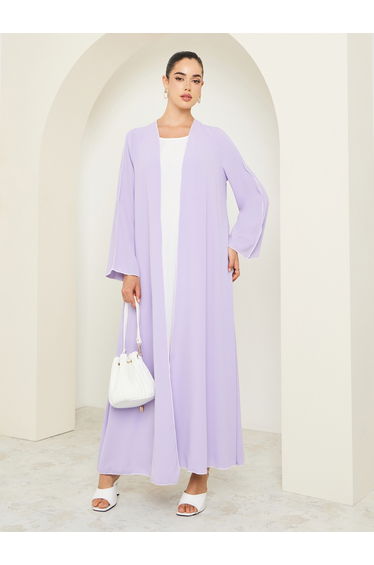 Women Lilac Front Open Abaya with Contrast Piping