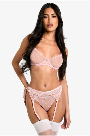 Valentines Spot Mesh Bow Trim Underwire Bra - baby pink