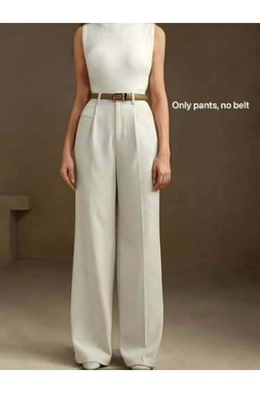 Beige High Rise Straight Leg Trousers