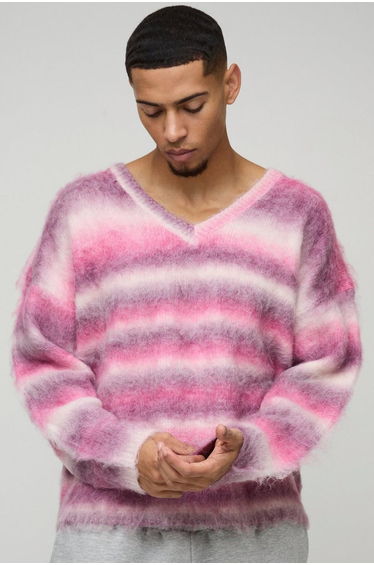 Oversized Boxy Brushed Stripe V Neck Knitted Jumper - pink